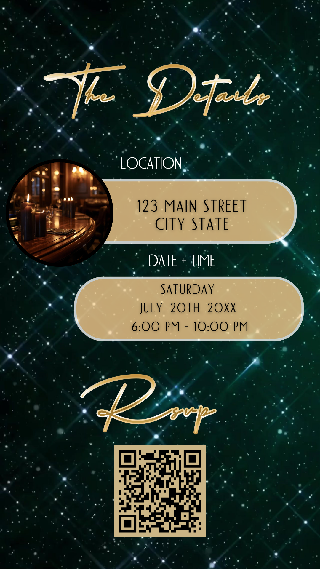 Editable emerald green sparkly 50th birthday video invitation displayed on a mobile phone, featuring an animated vertical digital invite with music, created in Canva. This premium video invitation template is designed for sharing by text, email, and social media and works with an interactive RSVP website for easy guest response tracking.