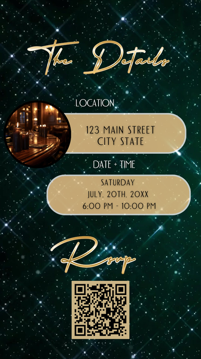 Editable emerald green sparkly 50th birthday video invitation displayed on a mobile phone, featuring an animated vertical digital invite with music, created in Canva. This premium video invitation template is designed for sharing by text, email, and social media and works with an interactive RSVP website for easy guest response tracking.