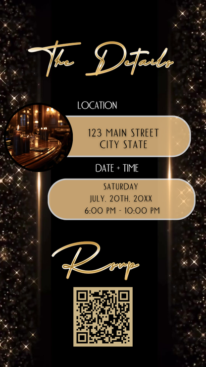 Editable black gold sparkle 50th birthday video invitation displayed on a mobile phone, featuring an animated vertical digital invite with music, created in Canva. This premium video invitation template is designed for sharing by text, email, and social media and works with an interactive RSVP website for easy guest response tracking.