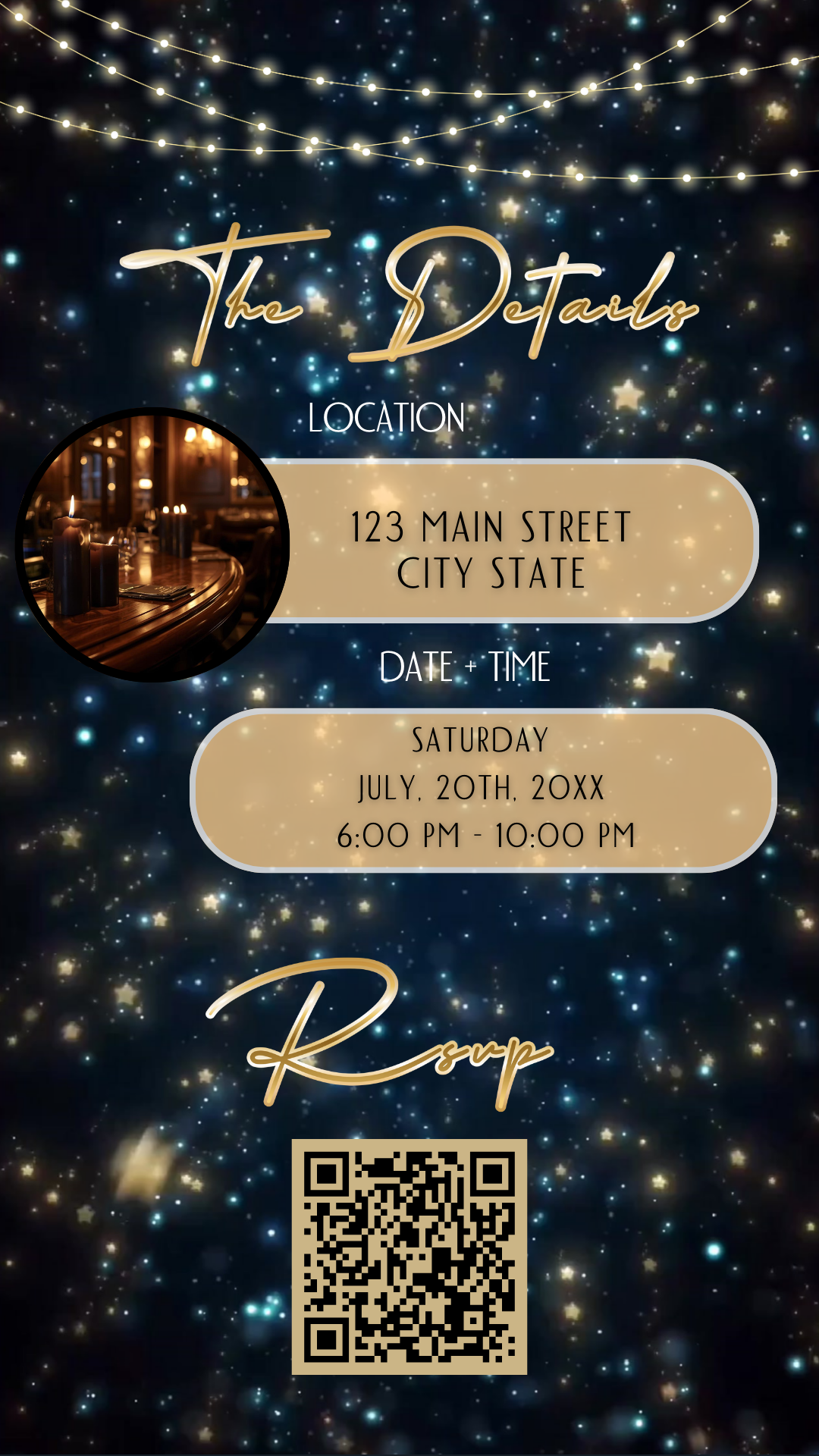 Editable navy blue gold starry 50th birthday video invitation displayed on a mobile phone, featuring an animated vertical digital invite with music, created in Canva. This premium video invitation template is designed for sharing by text, email, and social media and works with an interactive RSVP website for easy guest response tracking.