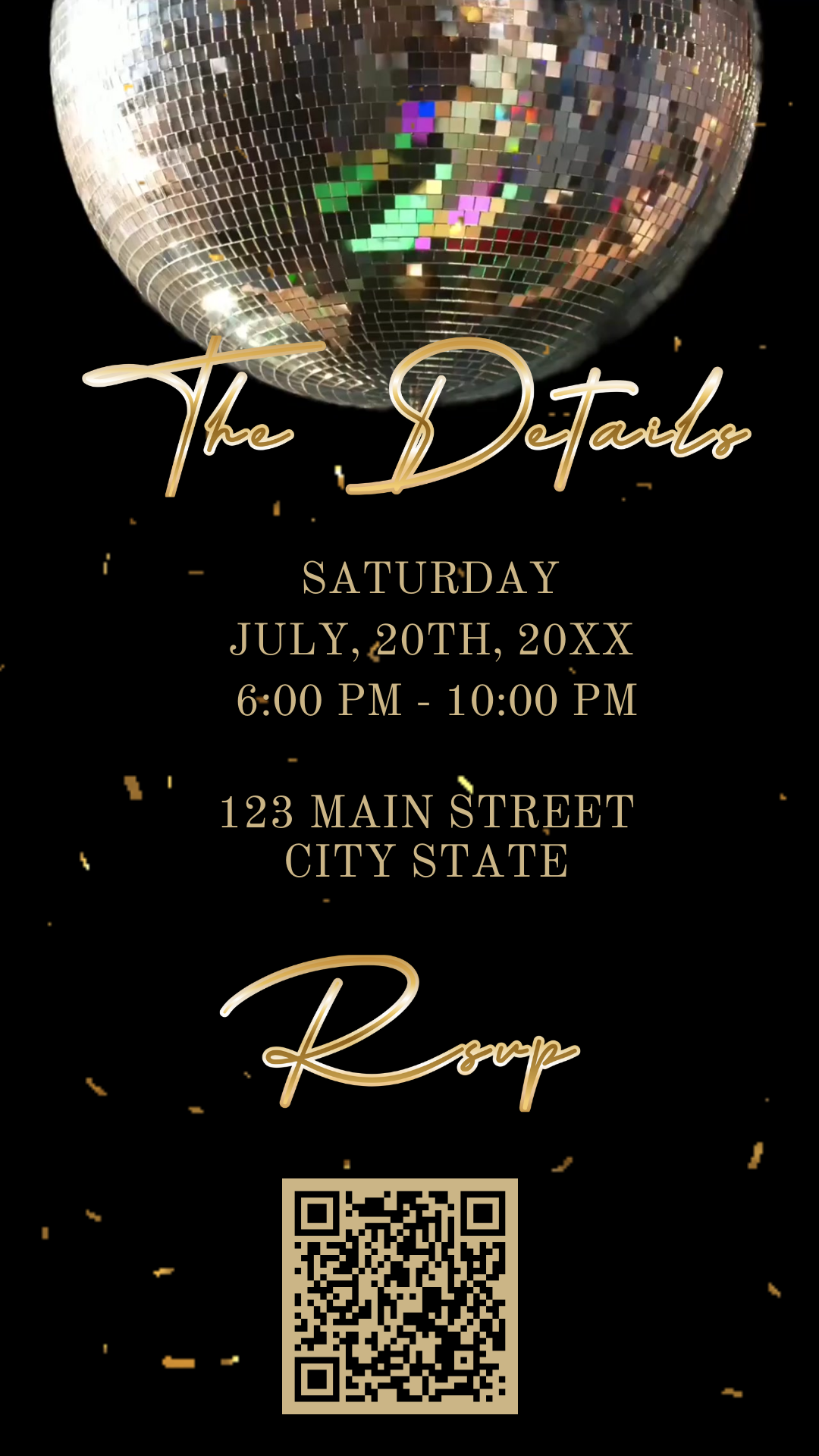 Editable silver disco ball 50th birthday video invitation displayed on a mobile phone, featuring an animated vertical digital invite with music, created in Canva. This premium video invitation template is designed for sharing by text, email, and social media and works with an interactive RSVP website for easy guest response tracking.