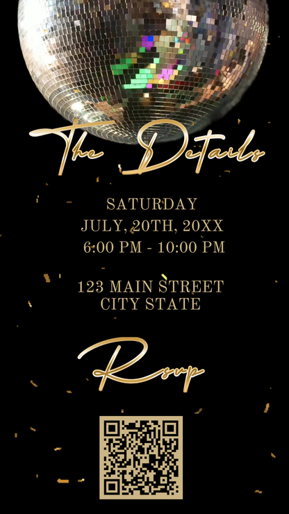 Editable silver disco ball 50th birthday video invitation displayed on a mobile phone, featuring an animated vertical digital invite with music, created in Canva. This premium video invitation template is designed for sharing by text, email, and social media and works with an interactive RSVP website for easy guest response tracking.