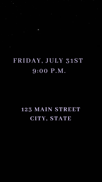 Editable purple glitter dress Quinceañera video invitation displayed on a mobile phone, featuring an animated vertical digital invite with music, created in Canva. This premium video invitation template is designed for sharing by text, email, and social media and works with an interactive RSVP website for easy guest response tracking.