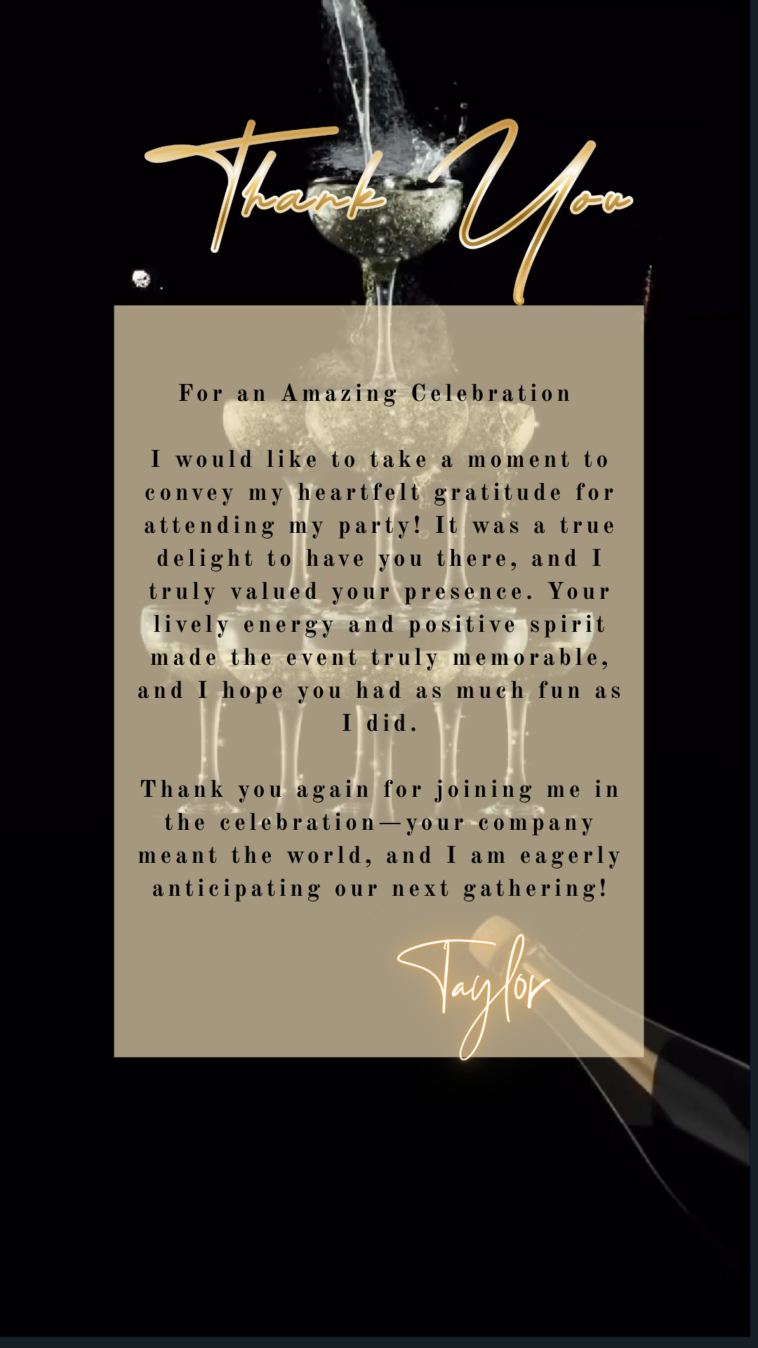 Editable black gold champagne tower 50th birthday video invitation displayed on a mobile phone, featuring an animated vertical digital invite with music, created in Canva. This premium video invitation template is designed for sharing by text, email, and social media and works with an interactive RSVP website for easy guest response tracking.