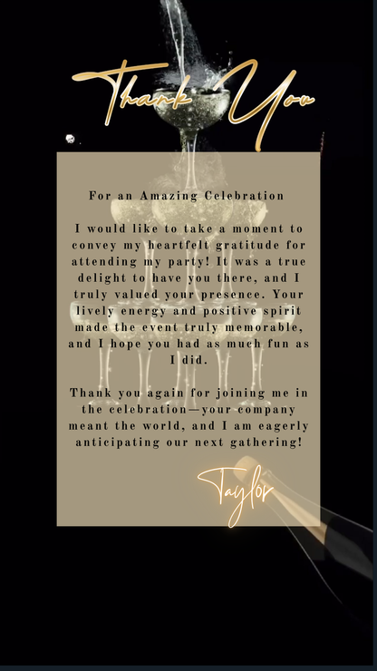 Editable black gold champagne tower 50th birthday video invitation displayed on a mobile phone, featuring an animated vertical digital invite with music, created in Canva. This premium video invitation template is designed for sharing by text, email, and social media and works with an interactive RSVP website for easy guest response tracking.