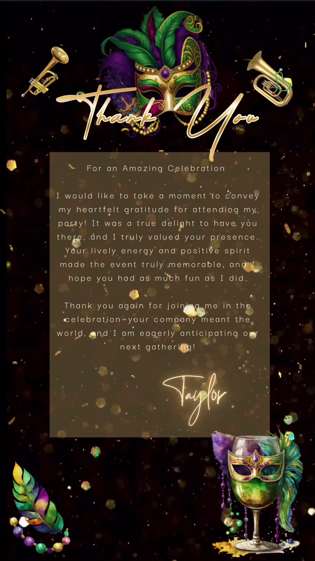 Editable mardi gras masquerade 50th birthday video invitation displayed on a mobile phone, featuring an animated vertical digital invite with music, created in Canva. This premium video invitation template is designed for sharing by text, email, and social media and works with an interactive RSVP website for easy guest response tracking.