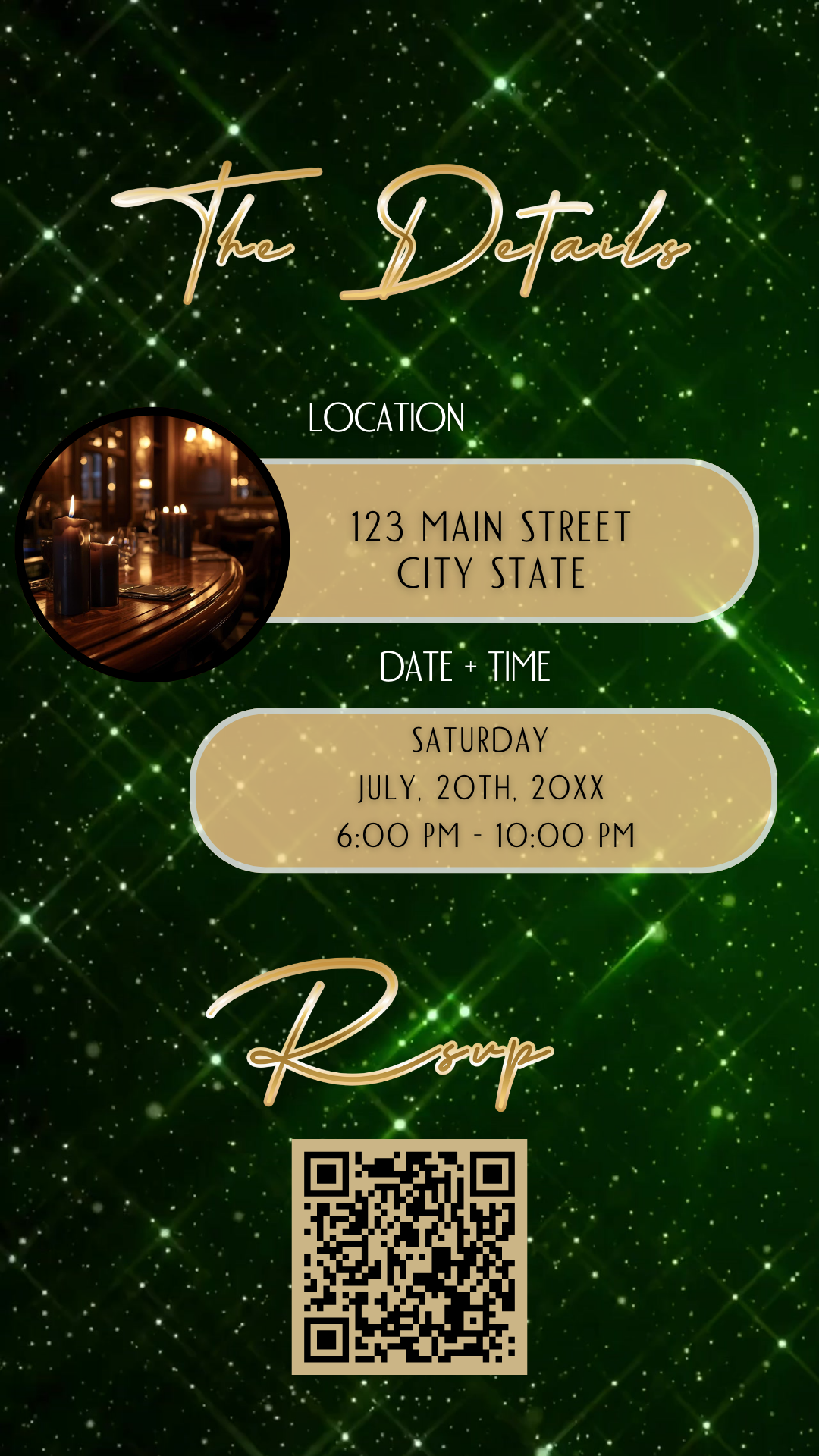 Editable emerald green sparkly 50th birthday video invitation displayed on a mobile phone, featuring an animated vertical digital invite with music, created in Canva. This premium video invitation template is designed for sharing by text, email, and social media and works with an interactive RSVP website for easy guest response tracking.