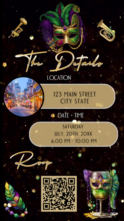 Editable mardi gras masquerade 50th birthday – editable canva animated video invitation displayed on a mobile phone, featuring an animated vertical digital invite with music, created in Canva. This premium video invitation template is designed for sharing by text, email, and social media and works with an interactive RSVP website for easy guest response tracking.