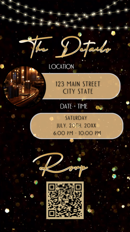 Editable black gold glitter lights 50th birthday video invitation displayed on a mobile phone, featuring an animated vertical digital invite with music, created in Canva. This premium video invitation template is designed for sharing by text, email, and social media and works with an interactive RSVP website for easy guest response tracking.