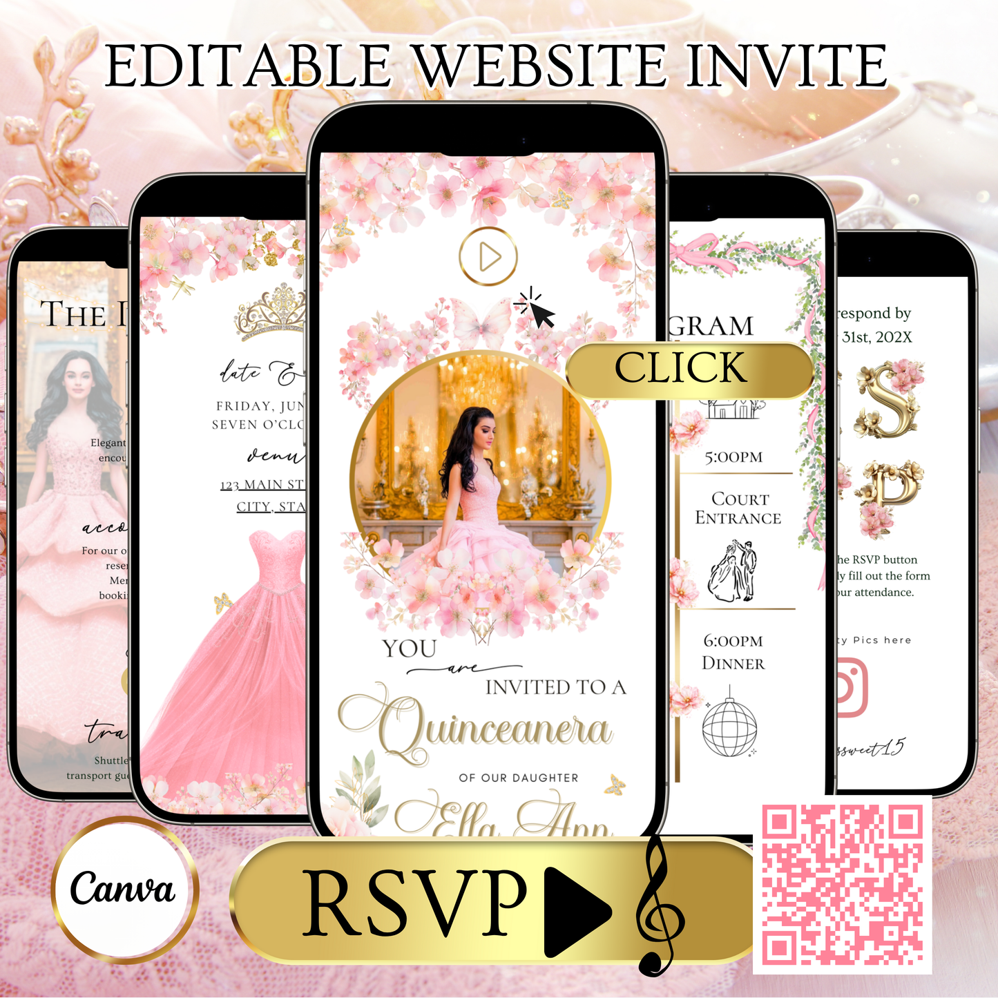 Pink Floral Quinceanera Website Invite |  Sweet 15 16 Evite RSVP Video Invitation | Canva Template