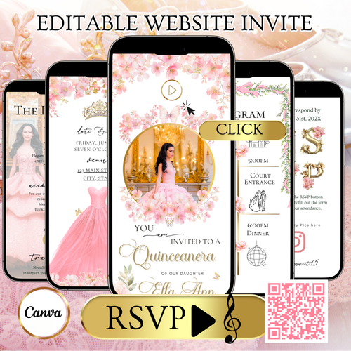 Pink Floral Quinceanera Website Invite |  Sweet 15 16 Evite RSVP Video Invitation | Canva Template