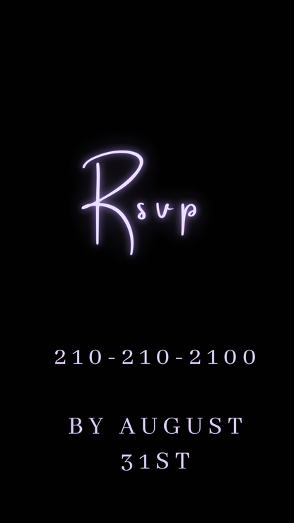 Editable purple glitter dress Quinceañera video invitation displayed on a mobile phone, featuring an animated vertical digital invite with music, created in Canva. This premium video invitation template is designed for sharing by text, email, and social media and works with an interactive RSVP website for easy guest response tracking.