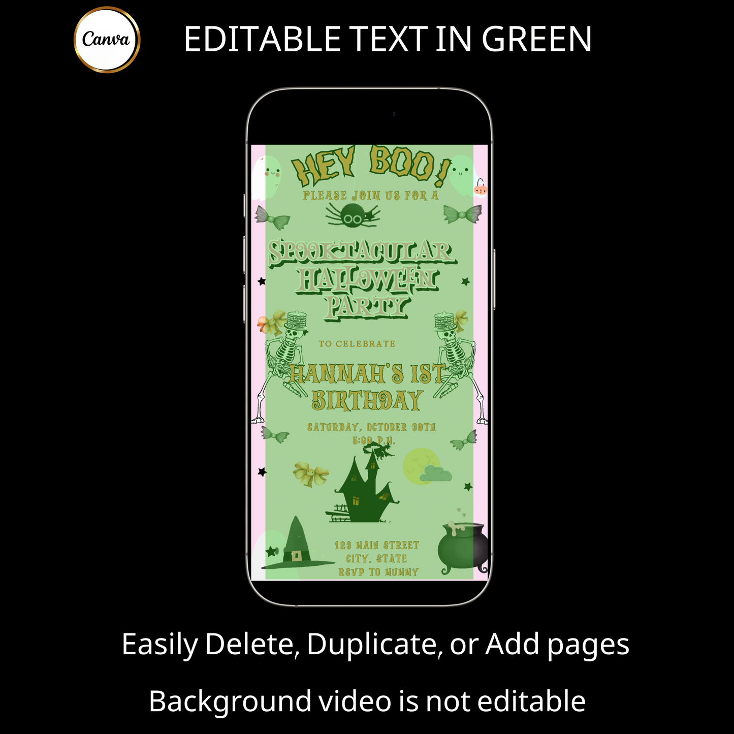Halloween-Videoeinladung, animierte Halloween-Einladung in Pink, bearbeitbare mobile Halloween-Party-Einladung
