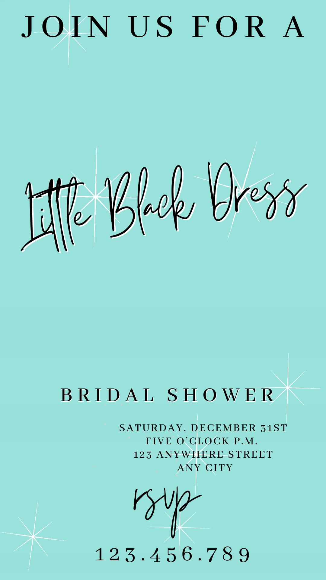 Editable tiffany blue little black dress bridal shower video invitation displayed on a mobile phone, featuring an animated vertical digital invite with music, created in Canva. This premium video invitation template is designed for sharing by text, email, and social media and works with an interactive RSVP website for easy guest response tracking.
