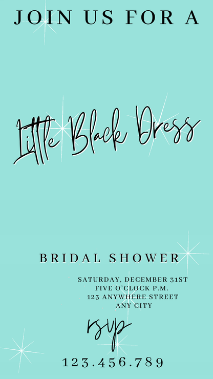 Editable tiffany blue little black dress bridal shower video invitation displayed on a mobile phone, featuring an animated vertical digital invite with music, created in Canva. This premium video invitation template is designed for sharing by text, email, and social media and works with an interactive RSVP website for easy guest response tracking.