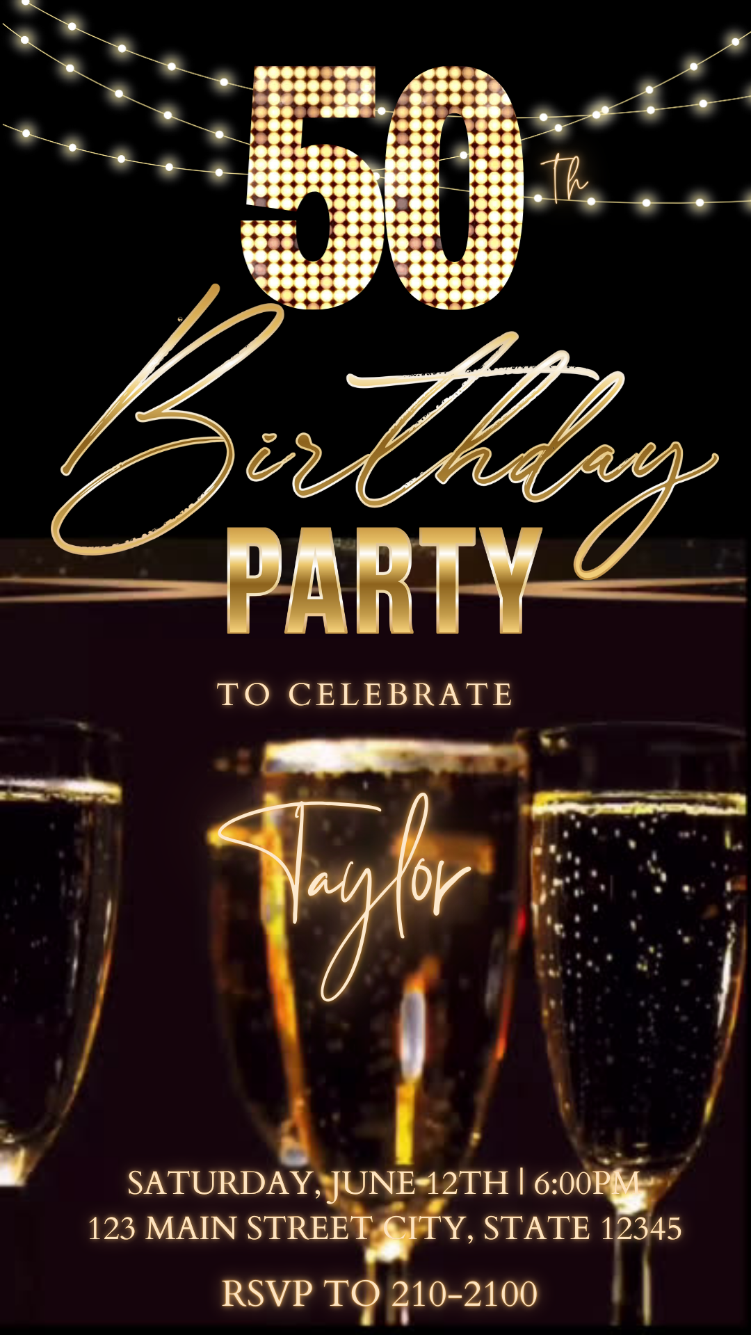 Editable black gold champagne 50th birthday video invitation displayed on a mobile phone, featuring an animated vertical digital invite with music, created in Canva. This premium video invitation template is designed for sharing by text, email, and social media and works with an interactive RSVP website for easy guest response tracking.
