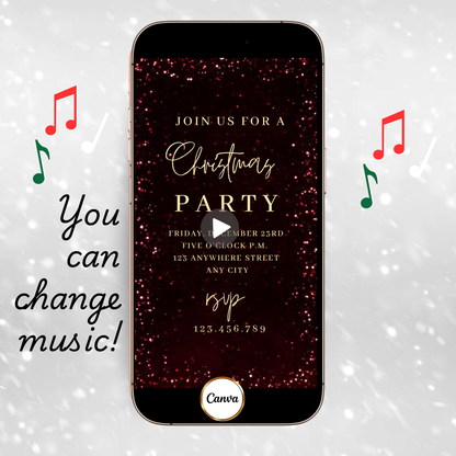 Red Glitter Christmas Party Video Invitation – Editable Red and Gold Elegant Holiday Evite