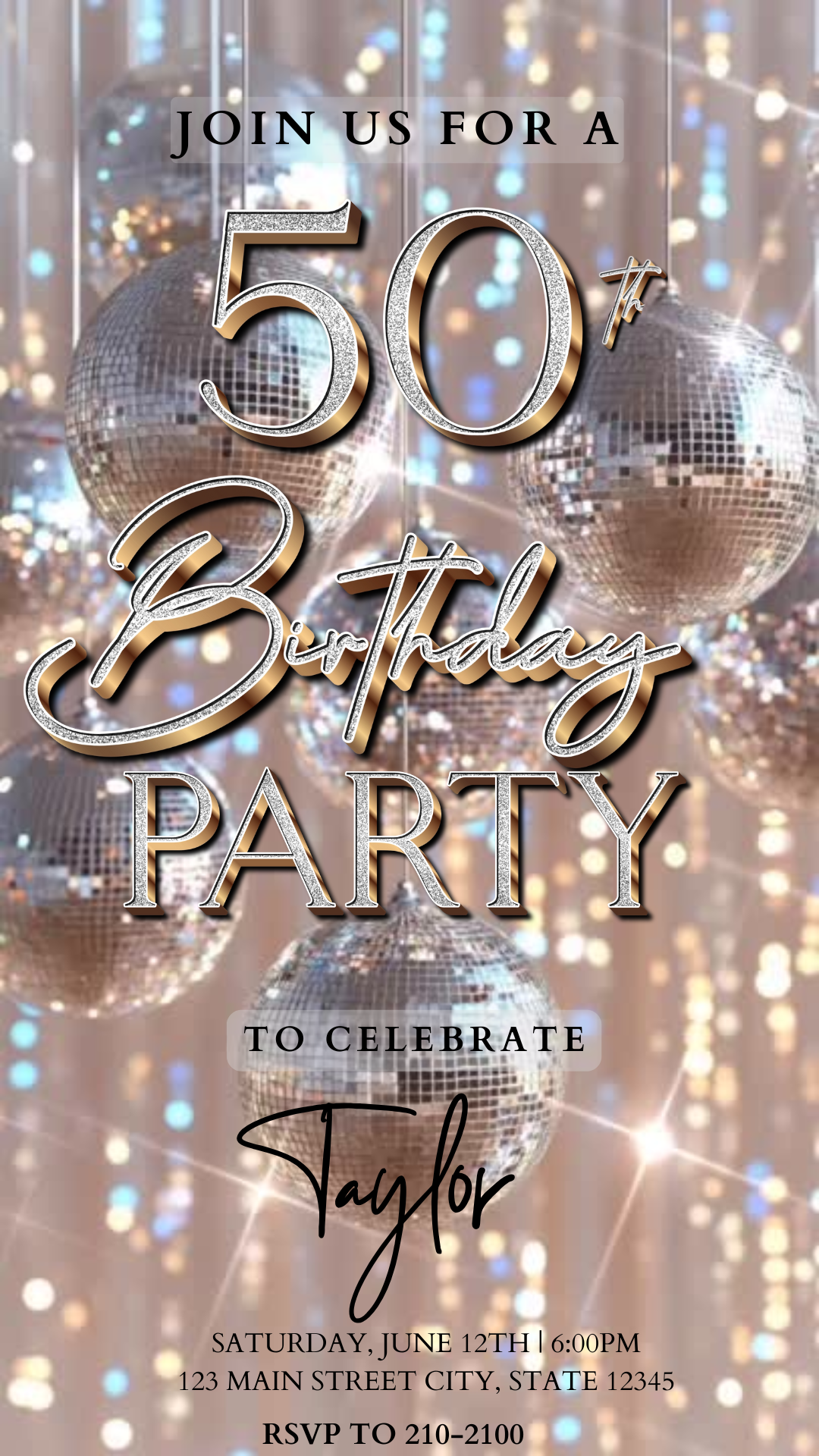 Editable silver disco ball 50th birthday video invitation displayed on a mobile phone, featuring an animated vertical digital invite with music, created in Canva. This premium video invitation template is designed for sharing by text, email, and social media and works with an interactive RSVP website for easy guest response tracking.