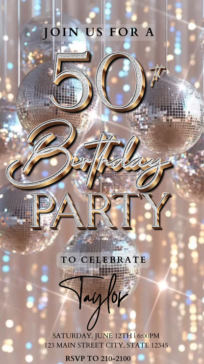 Editable silver disco ball 50th birthday video invitation displayed on a mobile phone, featuring an animated vertical digital invite with music, created in Canva. This premium video invitation template is designed for sharing by text, email, and social media and works with an interactive RSVP website for easy guest response tracking.