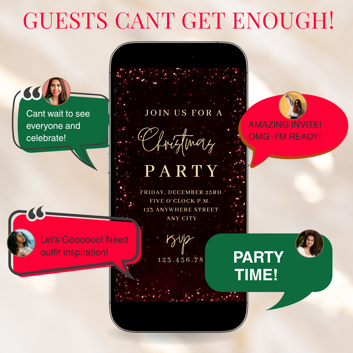 Red Glitter Christmas Party Video Invitation – Editable Red and Gold Elegant Holiday Evite
