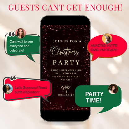 Red Glitter Christmas Party Video Invitation – Editable Red and Gold Elegant Holiday Evite
