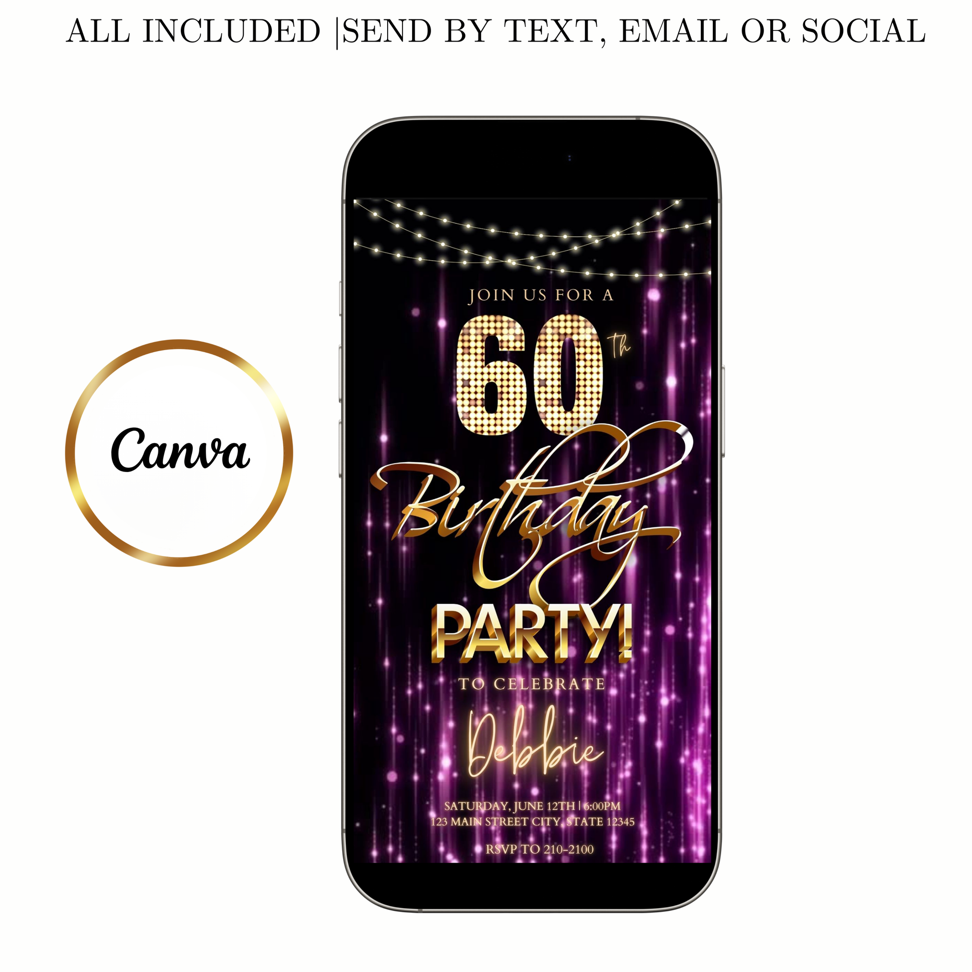 Editable purple gold glam 60th birthday birthday video invitation displayed on a mobile phone, featuring an animated vertical digital invite with music, created in Canva. This premium video invitation template is designed for sharing by text, email, and social media and works with an interactive RSVP website for easy guest response tracking.