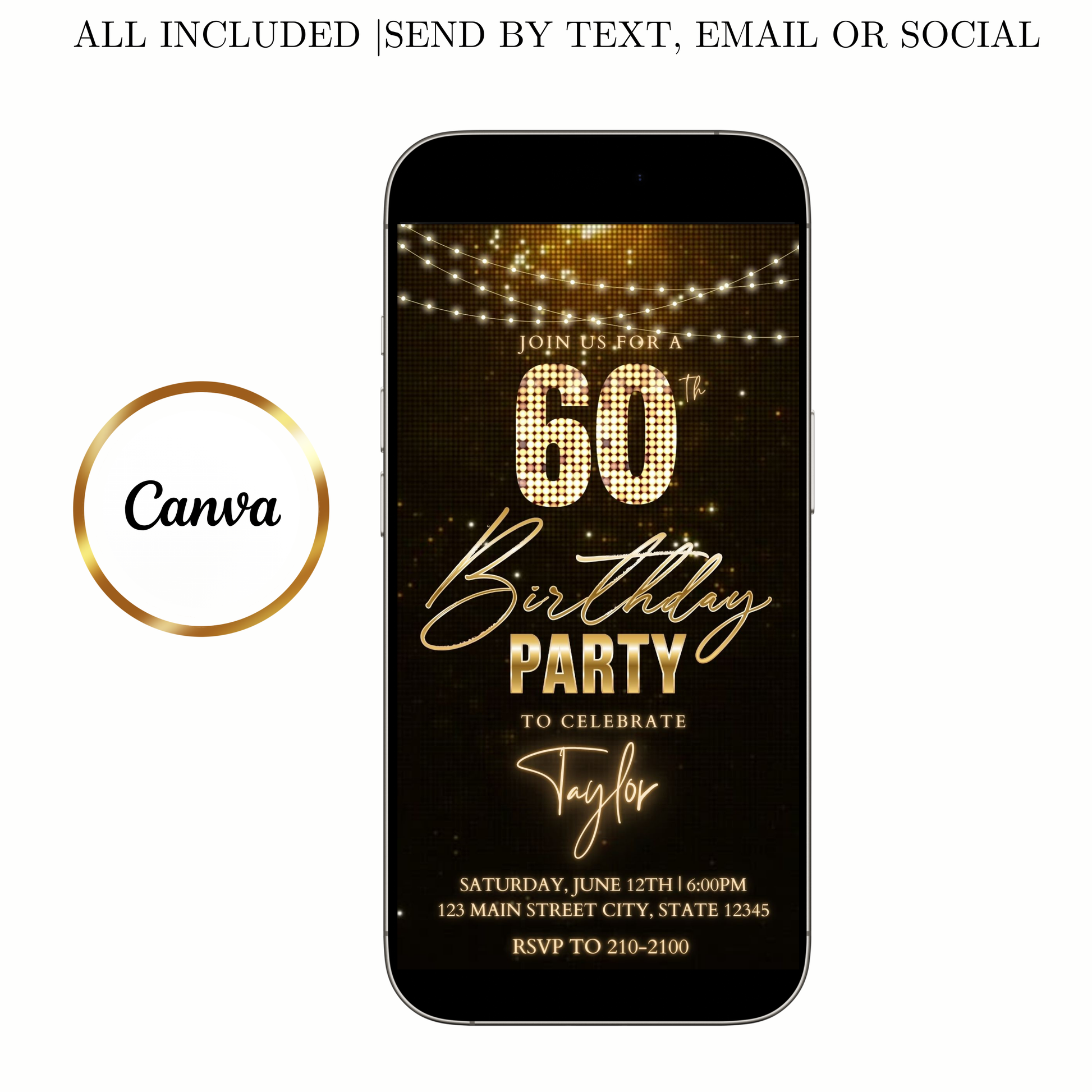 Editable bronze glitter 60th birthday birthday video invitation displayed on a mobile phone, featuring an animated vertical digital invite with music, created in Canva. This premium video invitation template is designed for sharing by text, email, and social media and works with an interactive RSVP website for easy guest response tracking.