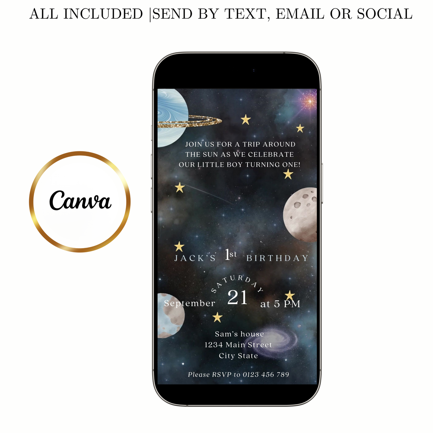 Editable space 1st birthday birthday video invitation displayed on a mobile phone, featuring an animated vertical digital invite with music, created in Canva. This premium video invitation template is designed for sharing by text, email, and social media and works with an interactive RSVP website for easy guest response tracking.