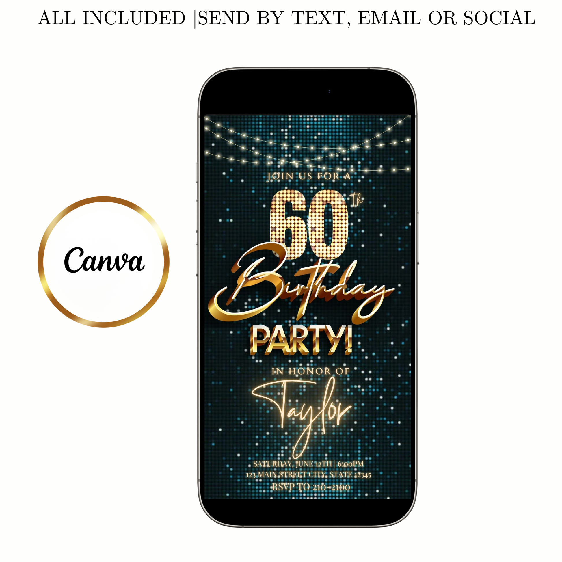 Editable teal gold disco 60th birthday birthday video invitation displayed on a mobile phone, featuring an animated vertical digital invite with music, created in Canva. This premium video invitation template is designed for sharing by text, email, and social media and works with an interactive RSVP website for easy guest response tracking.
