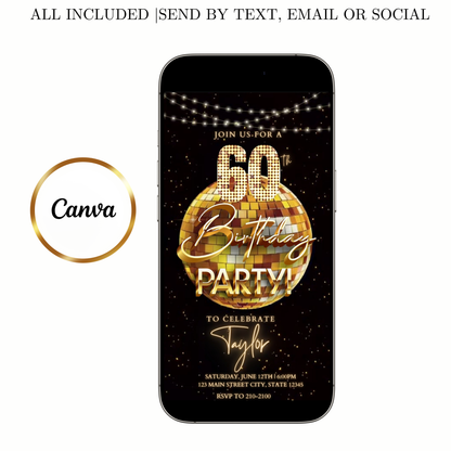 Editable gold disco ball 60th birthday birthday video invitation displayed on a mobile phone, featuring an animated vertical digital invite with music, created in Canva. This premium video invitation template is designed for sharing by text, email, and social media and works with an interactive RSVP website for easy guest response tracking.