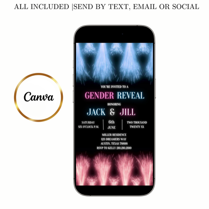 Editable fireworks gender reveal event video invitation displayed on a mobile phone, featuring an animated vertical digital invite with music, created in Canva. This premium video invitation template is designed for sharing by text, email, and social media and works with an interactive RSVP website for easy guest response tracking.