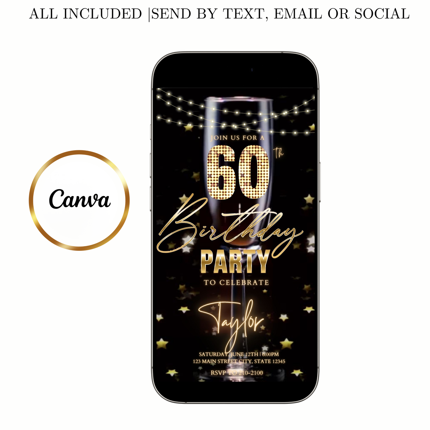 Editable champagne celebration 60th birthday birthday video invitation displayed on a mobile phone, featuring an animated vertical digital invite with music, created in Canva. This premium video invitation template is designed for sharing by text, email, and social media and works with an interactive RSVP website for easy guest response tracking.