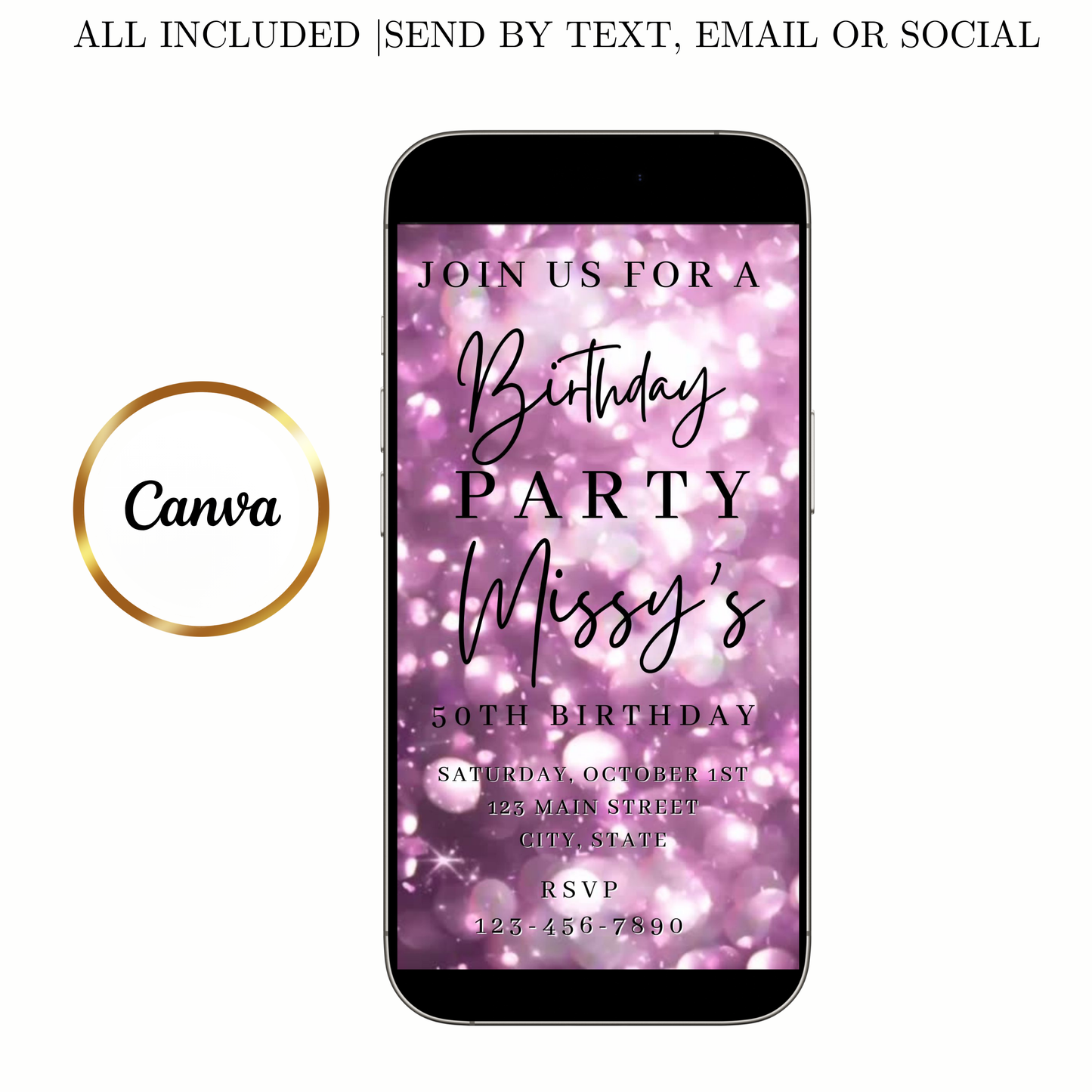 Editable lavender bokeh 50th birthday birthday video invitation displayed on a mobile phone, featuring an animated vertical digital invite with music, created in Canva. This premium video invitation template is designed for sharing by text, email, and social media and works with an interactive RSVP website for easy guest response tracking.