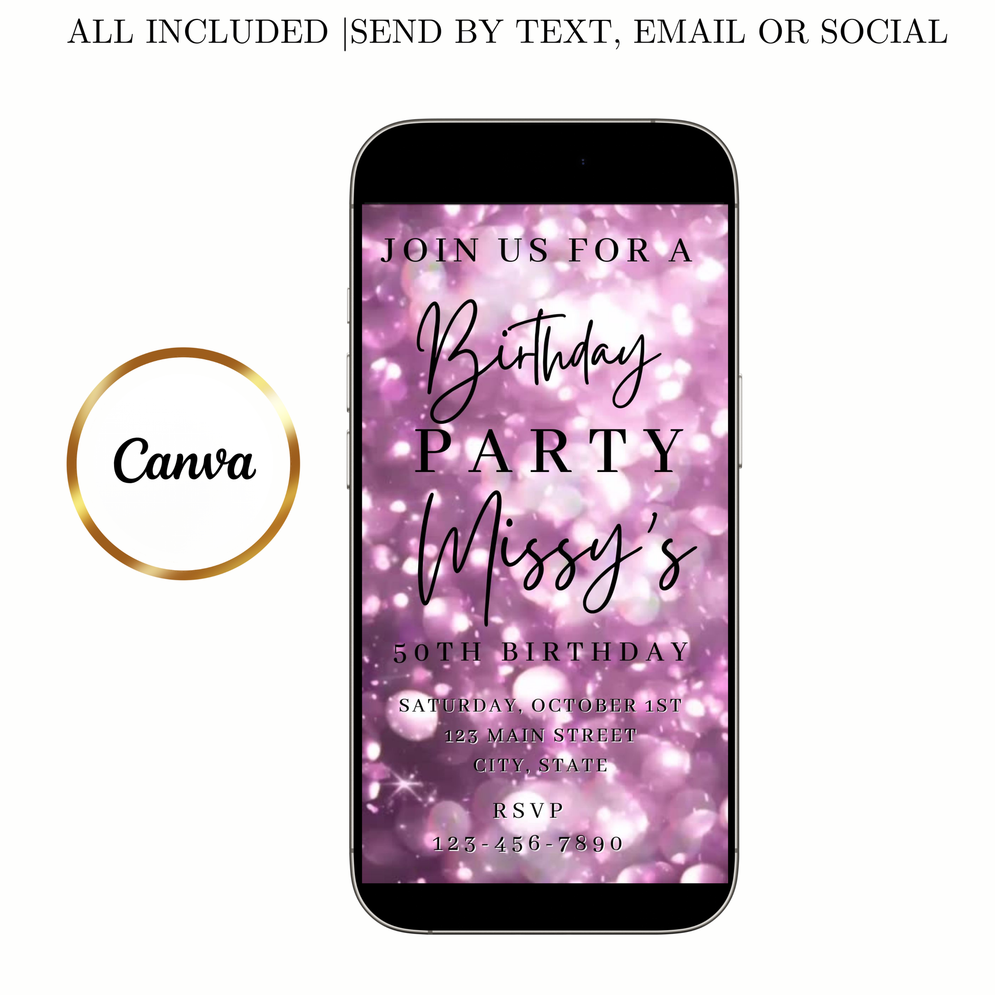Editable lavender bokeh 50th birthday birthday video invitation displayed on a mobile phone, featuring an animated vertical digital invite with music, created in Canva. This premium video invitation template is designed for sharing by text, email, and social media and works with an interactive RSVP website for easy guest response tracking.