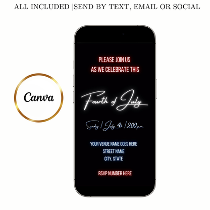 Editable neon fourth of july party party video invitation displayed on a mobile phone, featuring an animated vertical digital invite with music, created in Canva. This premium video invitation template is designed for sharing by text, email, and social media and works with an interactive RSVP website for easy guest response tracking.