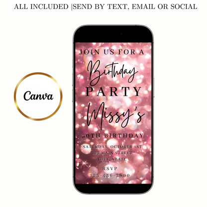 Editable rose gold bokeh 50th birthday birthday video invitation displayed on a mobile phone, featuring an animated vertical digital invite with music, created in Canva. This premium video invitation template is designed for sharing by text, email, and social media and works with an interactive RSVP website for easy guest response tracking.