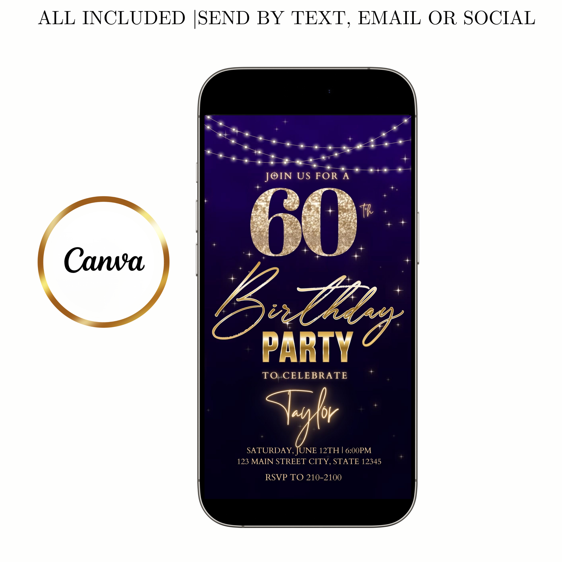 Editable purple gold starry 60th birthday birthday video invitation displayed on a mobile phone, featuring an animated vertical digital invite with music, created in Canva. This premium video invitation template is designed for sharing by text, email, and social media and works with an interactive RSVP website for easy guest response tracking.