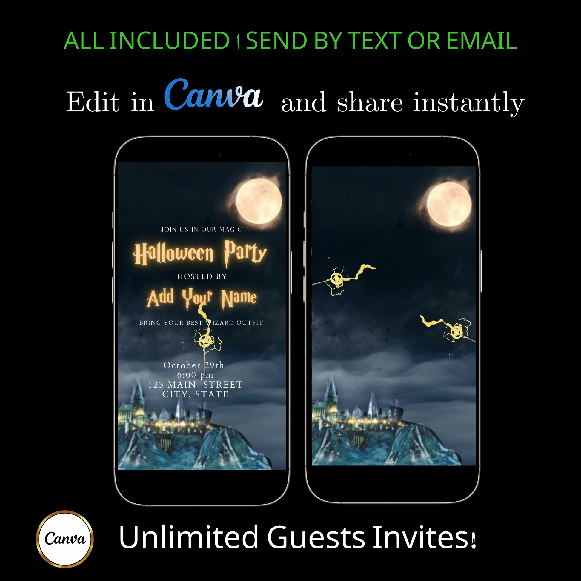 Editable wizard halloween party party video invitation displayed on a mobile phone, featuring an animated vertical digital invite with music, created in Canva. This premium video invitation template is designed for sharing by text, email, and social media and works with an interactive RSVP website for easy guest response tracking.