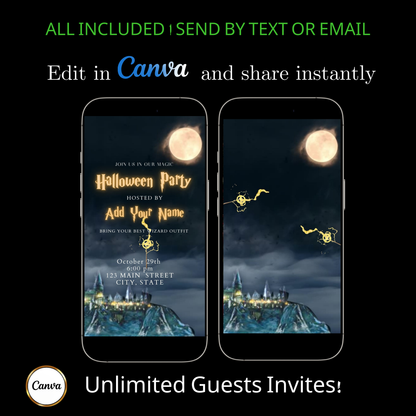 Editable wizard halloween party party video invitation displayed on a mobile phone, featuring an animated vertical digital invite with music, created in Canva. This premium video invitation template is designed for sharing by text, email, and social media and works with an interactive RSVP website for easy guest response tracking.