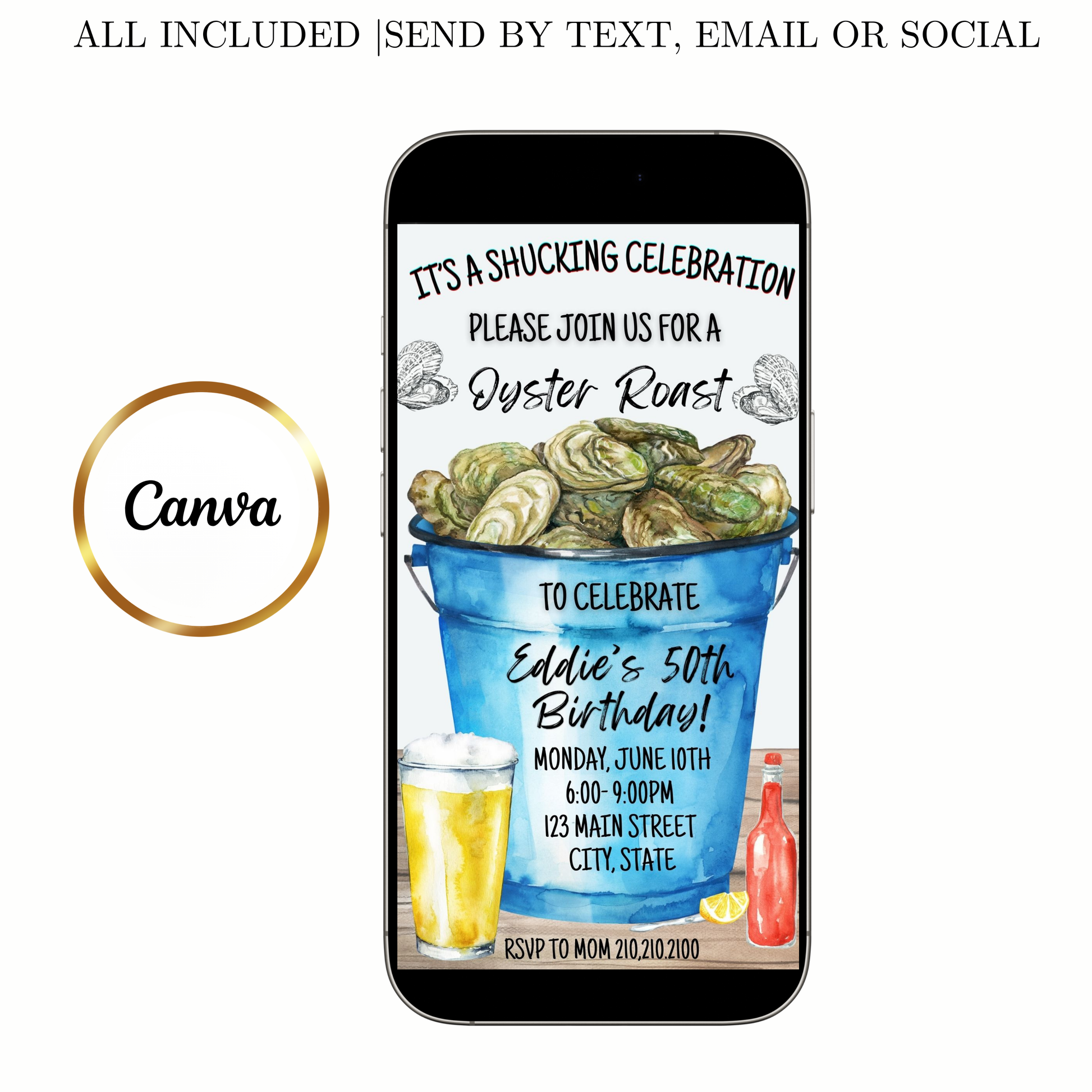 Editable oyster roast birthday party birthday video invitation displayed on a mobile phone, featuring an animated vertical digital invite with music, created in Canva. This premium video invitation template is designed for sharing by text, email, and social media and works with an interactive RSVP website for easy guest response tracking.