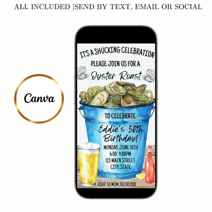 Editable oyster roast birthday party birthday video invitation displayed on a mobile phone, featuring an animated vertical digital invite with music, created in Canva. This premium video invitation template is designed for sharing by text, email, and social media and works with an interactive RSVP website for easy guest response tracking.