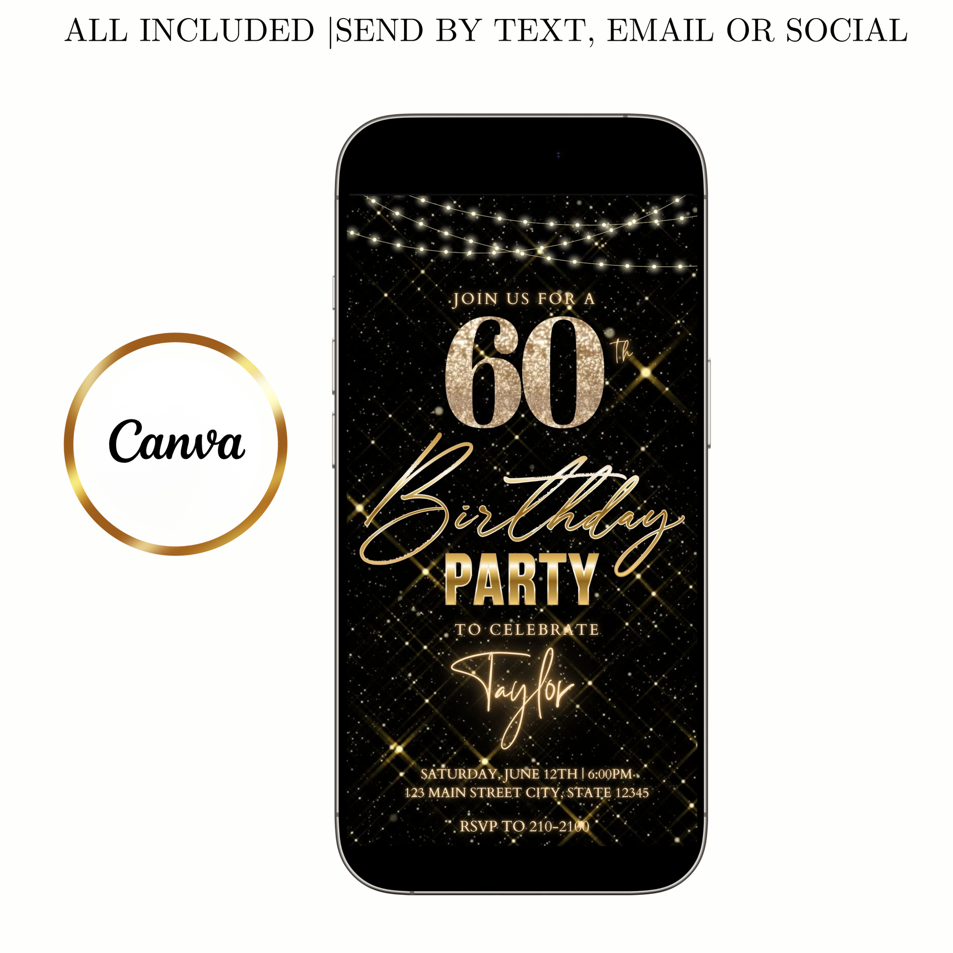 Editable gold sparkle grid 60th birthday birthday video invitation displayed on a mobile phone, featuring an animated vertical digital invite with music, created in Canva. This premium video invitation template is designed for sharing by text, email, and social media and works with an interactive RSVP website for easy guest response tracking.