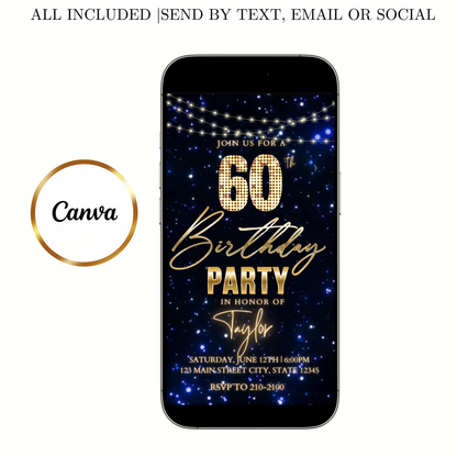 Editable navy gold starry 60th birthday birthday video invitation displayed on a mobile phone, featuring an animated vertical digital invite with music, created in Canva. This premium video invitation template is designed for sharing by text, email, and social media and works with an interactive RSVP website for easy guest response tracking.