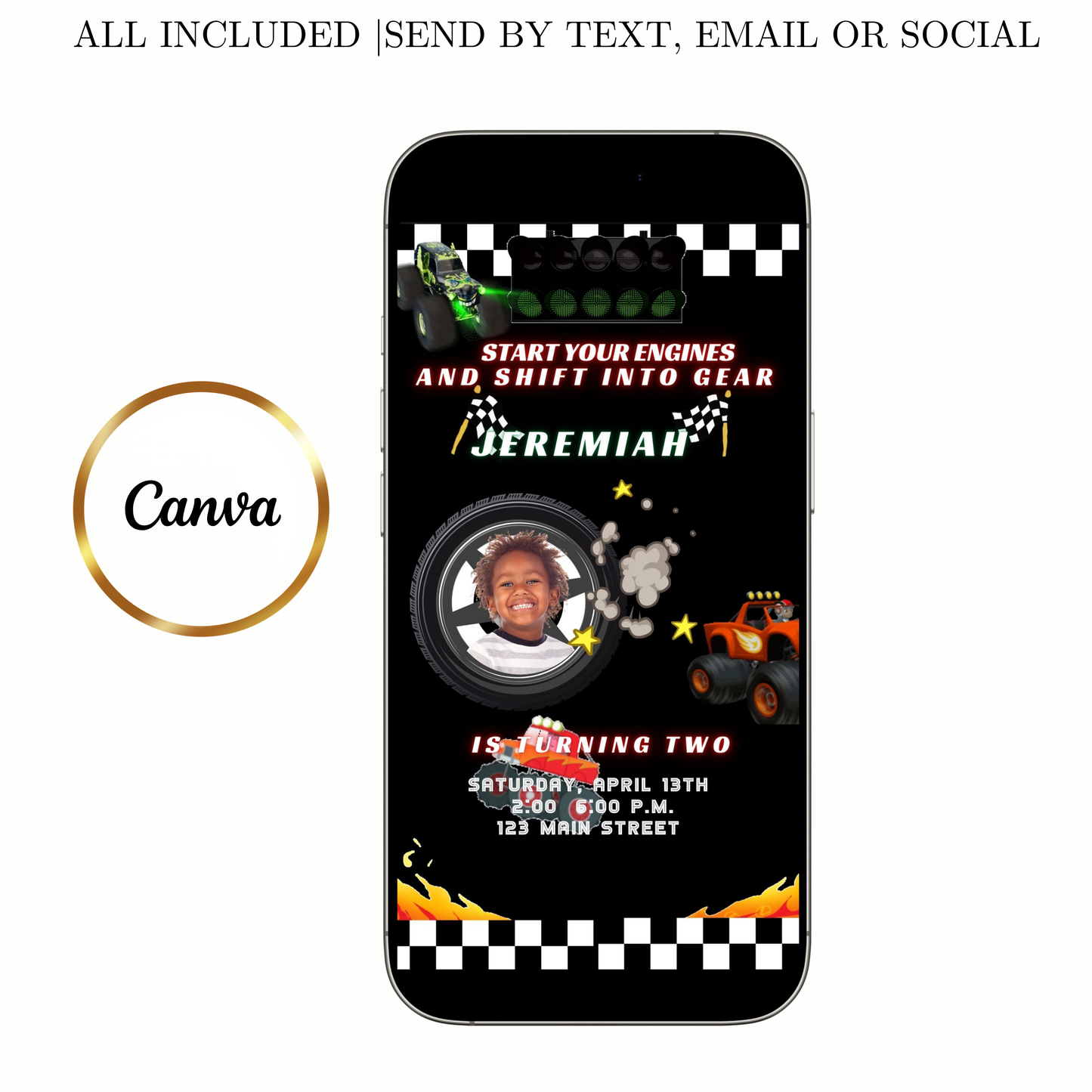 Editable monster truck race birthday birthday video invitation displayed on a mobile phone, featuring an animated vertical digital invite with music, created in Canva. This premium video invitation template is designed for sharing by text, email, and social media and works with an interactive RSVP website for easy guest response tracking.