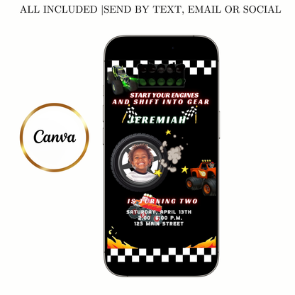 Editable monster truck race birthday birthday video invitation displayed on a mobile phone, featuring an animated vertical digital invite with music, created in Canva. This premium video invitation template is designed for sharing by text, email, and social media and works with an interactive RSVP website for easy guest response tracking.