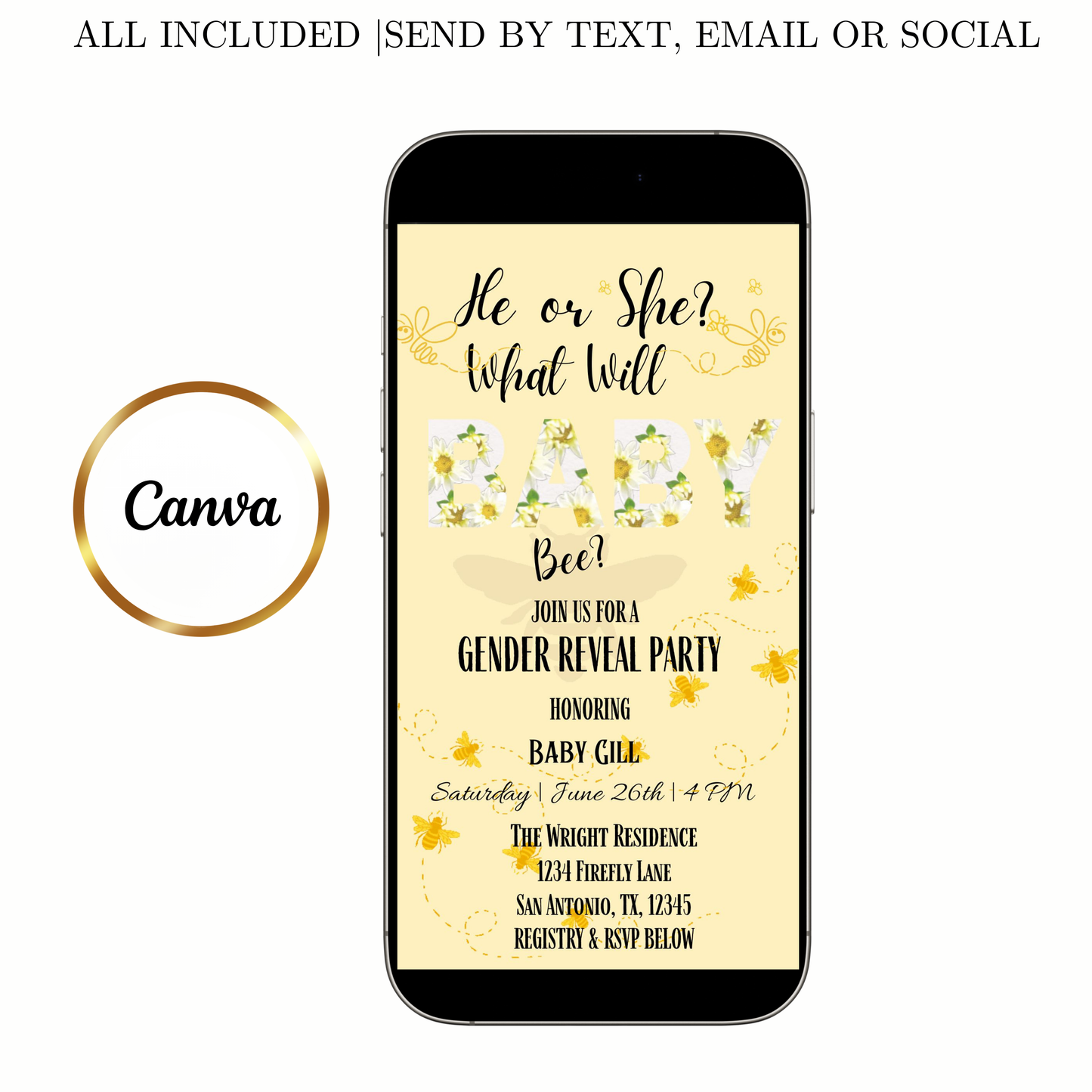 Editable bee gender reveal party party video invitation displayed on a mobile phone, featuring an animated vertical digital invite with music, created in Canva. This premium video invitation template is designed for sharing by text, email, and social media and works with an interactive RSVP website for easy guest response tracking.