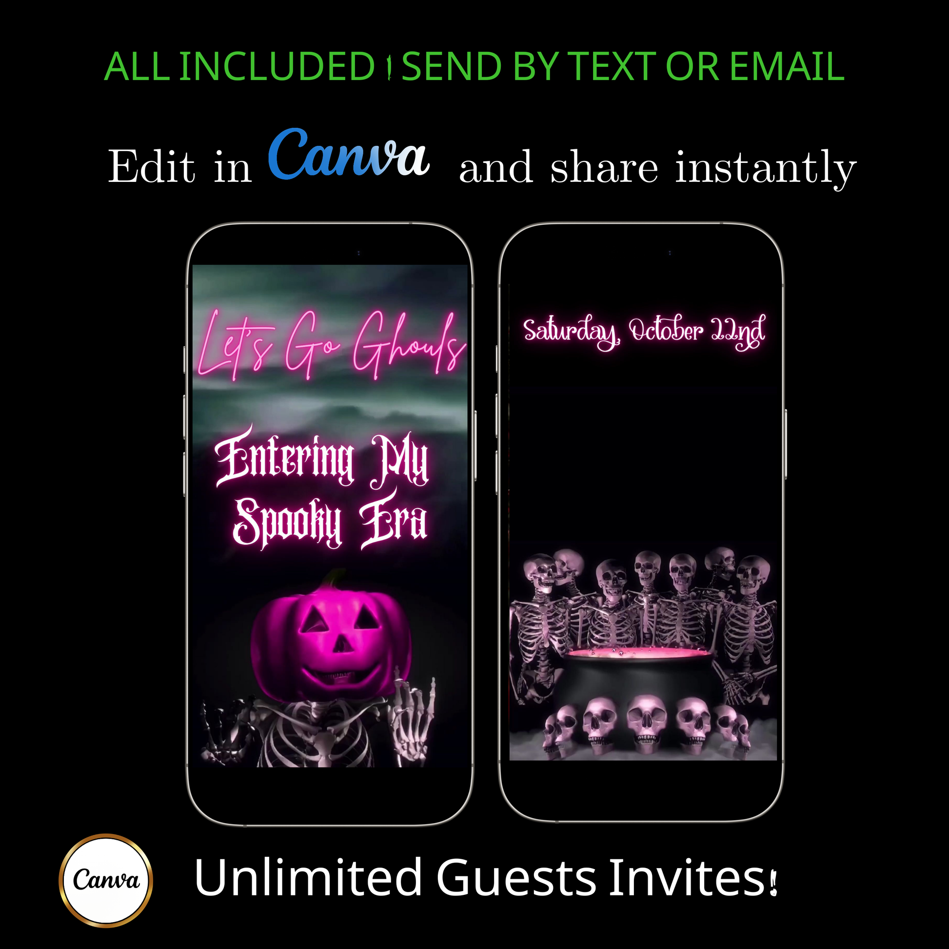 Editable pink spooky halloween party party video invitation displayed on a mobile phone, featuring an animated vertical digital invite with music, created in Canva. This premium video invitation template is designed for sharing by text, email, and social media and works with an interactive RSVP website for easy guest response tracking.