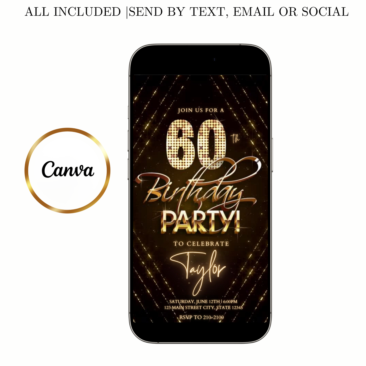 Editable gold glitter 60th birthday birthday video invitation displayed on a mobile phone, featuring an animated vertical digital invite with music, created in Canva. This premium video invitation template is designed for sharing by text, email, and social media and works with an interactive RSVP website for easy guest response tracking.