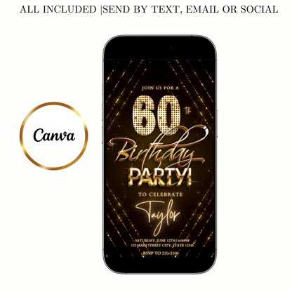 Editable gold glitter 60th birthday birthday video invitation displayed on a mobile phone, featuring an animated vertical digital invite with music, created in Canva. This premium video invitation template is designed for sharing by text, email, and social media and works with an interactive RSVP website for easy guest response tracking.