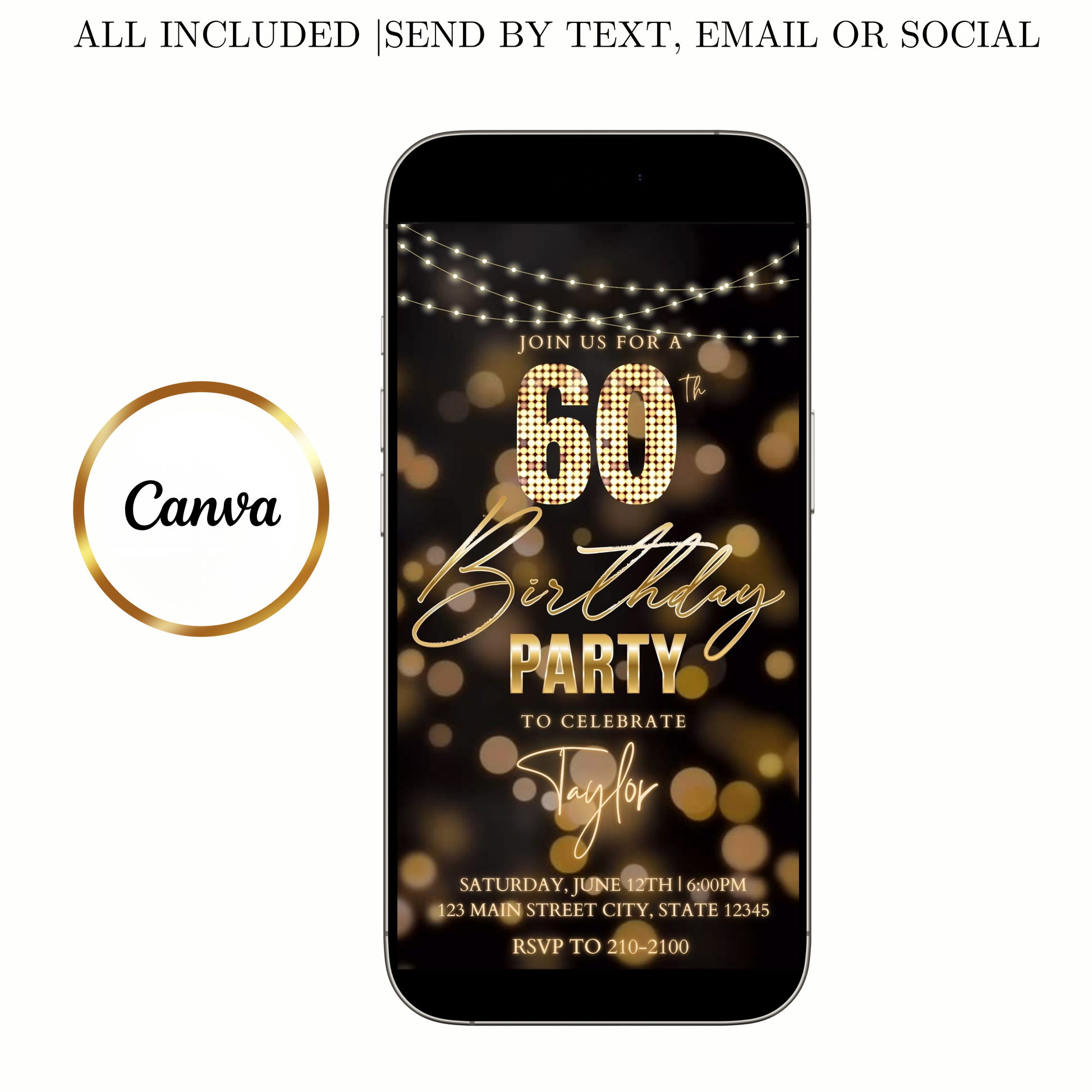 Editable gold bokeh lights 60th birthday birthday video invitation displayed on a mobile phone, featuring an animated vertical digital invite with music, created in Canva. This premium video invitation template is designed for sharing by text, email, and social media and works with an interactive RSVP website for easy guest response tracking.